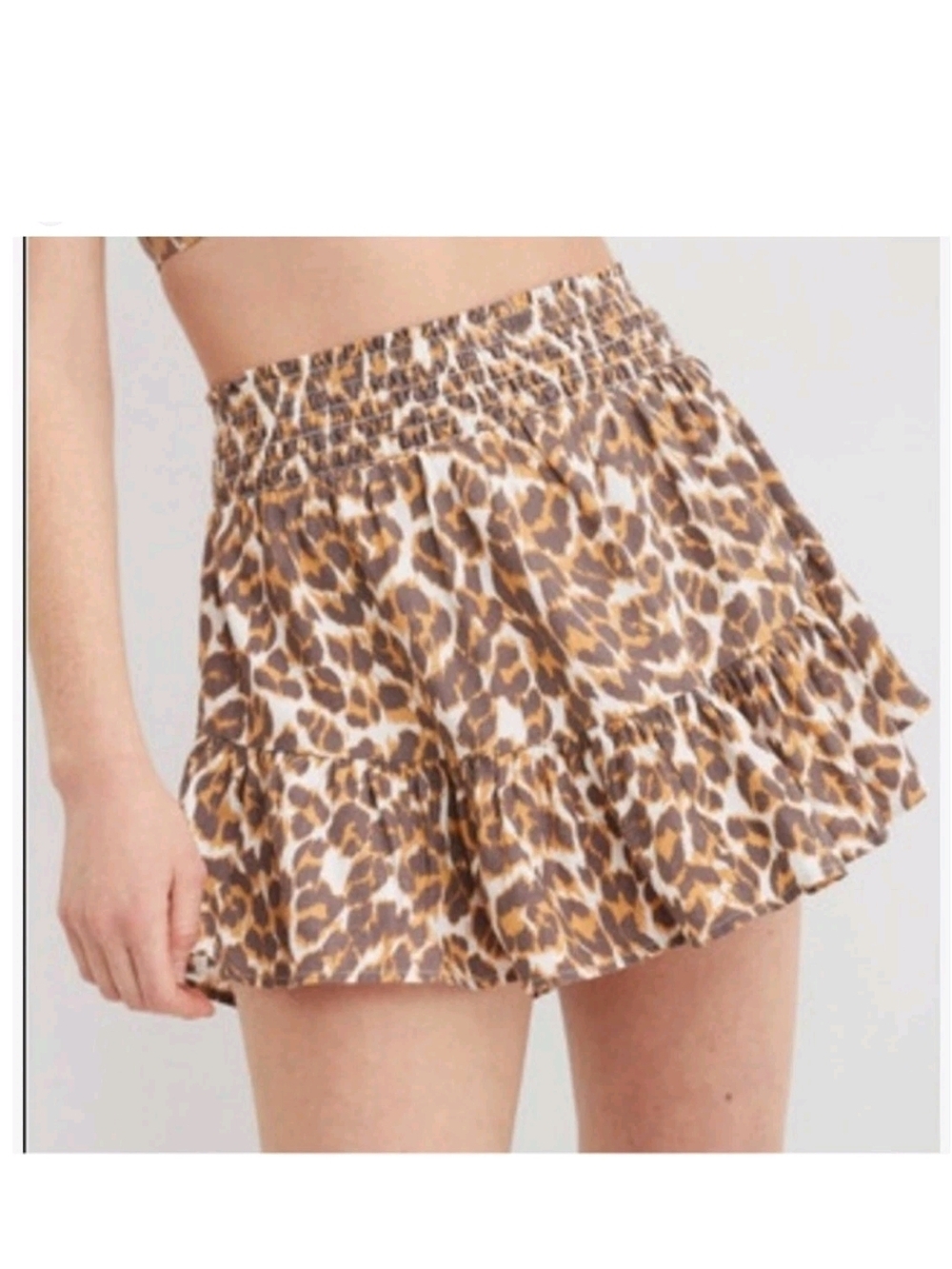 Aerie Womens Linen Blend Leopard Print Ruffle Mini Skirt Sz M Boho Elastic Waist